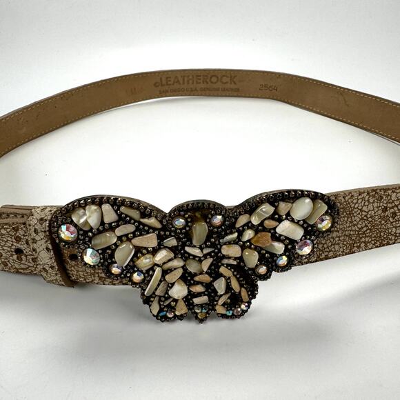 Vintage Leatherock Butterfly Buckle Genuine Leather Cream Boho Belt Size M - Picture 1 of 8